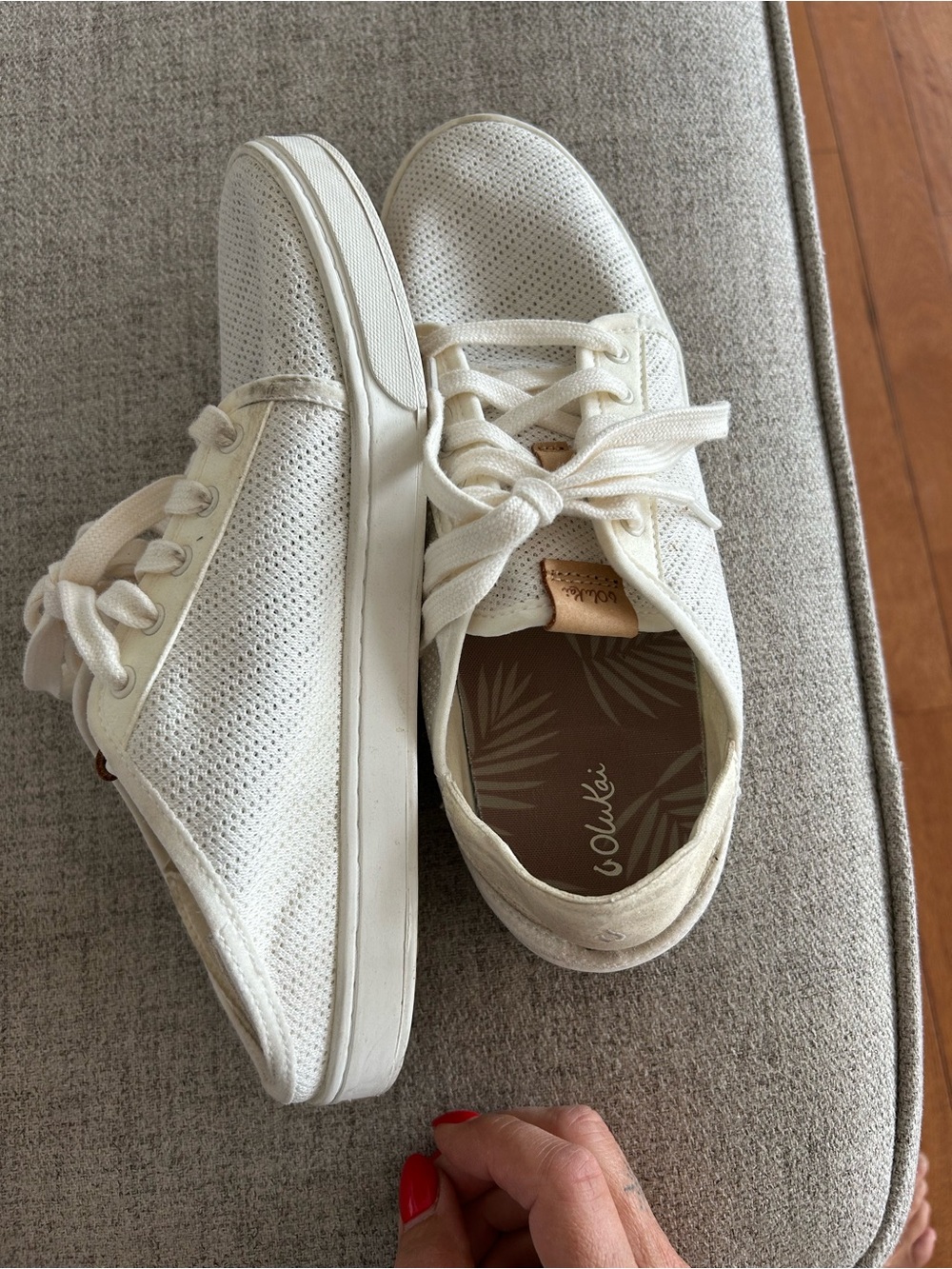 OluKai Women’s Cream/White Perforated Lace-Up Sneakers